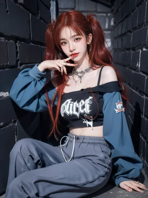 photography, masterpiece, best quality, 8k, HDR, highres, absurdres:1.2, Kodak portra 400, film grain, blurry background, bokeh:1.2, lens flare, 1girl, face, close-up, twintails,Asian,Korean, (((red hair))),(((red hair))), black eyes, red lips, (looki...