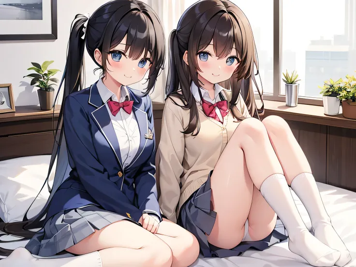 (masterpiece、Best Quality、 Kampala、 realistic pictures、Real looking skin:1.1)、 
( they are wearing dark blue blazers as outerwear {x} They are high school girls and are wearing plain white collared shirts as innerwear {x} Two women are sitting on their apa...