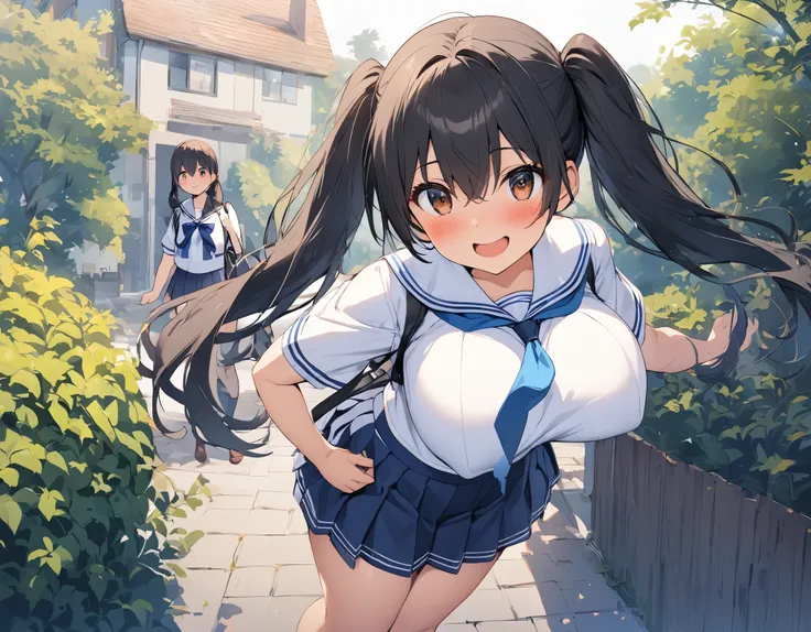 Alone:1.3 standing figures in the background is a composition seen from a distance in a residential area, black hair :1.Blushing :1. 3, a high school girl with dark blue pleated skirt wearing a dark blue tie wearing a blue tie wearing a white summer sailor...