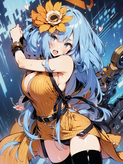 masterpiece, best quality, BREAK, (solo), Rocbouquet, Romancing SaGa, BREAK, (light blue hair), (golden eyes:1.3), (dark orange short dress), plunging neckline, off-shoulder, cleavage, (thigh gap), black thighhighs, BREAK, (bouncing large breasts with moti...