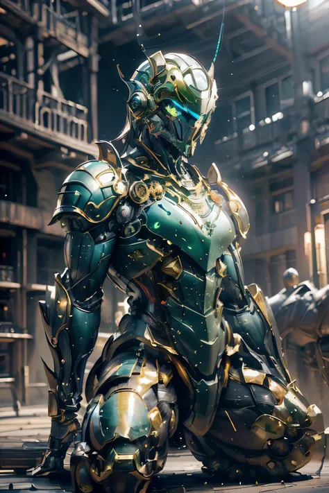 ((Im getting down on one knee and hitting the ground : 1.5, shoulder tackle: 1.5, dynamic pose: 2.0)), (metallic: 2.0, light-yellow and light-green suit: 1.5), (Japanese hero), (mech bodysuit with swords: 1.5), ((Night view)), ((Countless sparks: 1.5, Lase...