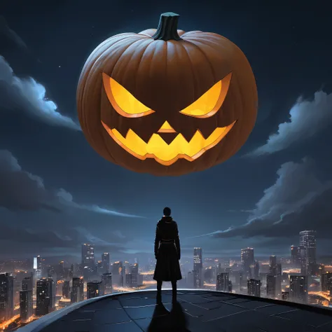 masterpiece, best quality, ultra-detailed, minimal design, realistic, sleek and stylish, cool tone, orange-themed, Halloween-themed. In the dark, clear night sky, a large, metallic jack-o-lantern hovers above the cityscape, its sharp features glowing with ...