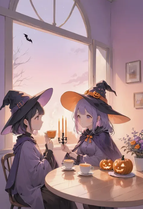 masterpiece, best quality, ultra-detailed, pastel colors, Low Fidelity (lofi) art style, minimal objects. In a tiny, pastel-hued café, a little ghost wearing a witch’s hat floats over a table, sipping from a cup of steaming tea. Across from it sits a small...