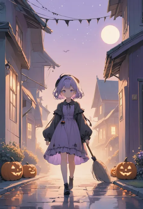 masterpiece, best quality, ultra-detailed, pastel colors, Low Fidelity (lofi) art style, minimal objects. A young witch with pastel purple hair and a matching dress walks down a quiet, moonlit street. Her simple broom is slung over her shoulder, and a smal...