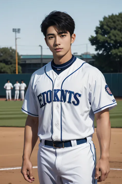 Japanese men、high school student、 Handsome Man 、Short Hair、 baseball uniform that goes around the base、 macho