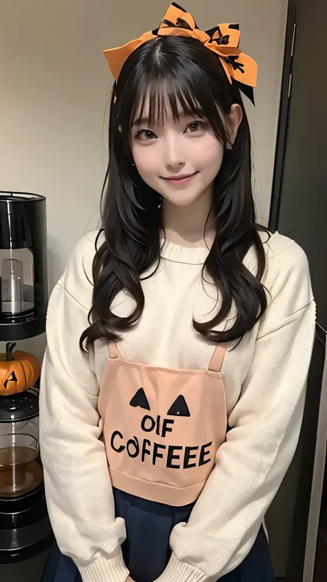 a room decorated for halloween、halloween sweater, cute sweater、state of the art coffee maker、 cute high school girl