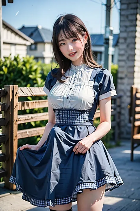 masterpiece, Best Quality, super high definition , (Realistic:1.6), One Girl, (Round face:1.3),(Gingham Check Suspender Apron:1.3), (Plain Blue High Waist Skirt:1.3), (Apron over skirt:1.2), ( white blouse:1.3), ( double breasted, Underbust :1.2), Short...