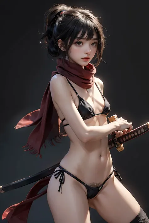 nsfw、(naked:1.5)、( red and black scarf 、Dark pubic hair exposed:1.5)、Small breasts、Exposed nipples and pubic hair、Exposed pubic hair:1.5、 fantasy、Redhead naked bandit girl、Bangs are playing、 medium hair 、The back hair is long、Thin nose、bangs、woman、18 years...