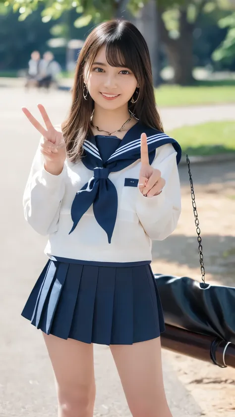 ((( full body shot with chain scythe、Front View、Moderate thighs、 White Knee High Socks 、Photo shoot in the park、Making a peace sign with both hands, navy blue pleated skirt(15cm inseam ),)))、16K quality, beautiful, 1 beautiful girl,Japanese,super beautifu...