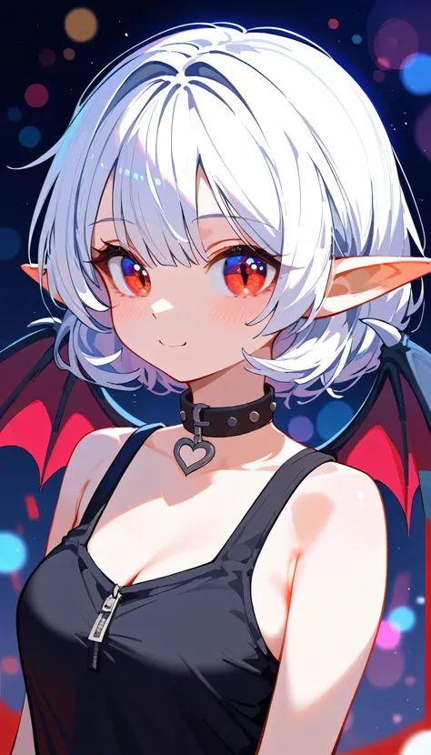 nai3, close up, masterpiece, best quality, bokeh, cute, Score_9,Score_8_up,Score_7_up,highest quality,detailed, (arte anime, work of art, best qualityer, 4K, Icon), Tall and Very Handsome Elf Girl, Short White Hair, Stellar Red Eyes, Cute Bat Wings Behind ...
