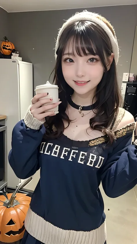 A room decorated for Halloween、halloween sweater, Cute Sweater、state of the art coffee maker、 cute high school girl