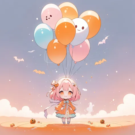 masterpiece, best quality, ultra-detailed, minimal design, chibi,pastel tones, orange-themed, kawaii style, Halloween-themed. In the center of the scene, a single large pastel-orange balloon floats gently, tied with a cute ribbon. Attached to the balloon i...