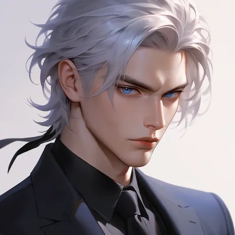 Boy, silver hair, dark blue eyes, serious sharp features, white skin, shiny lips, handsome, perfect looking, black shirt, formal jacket.