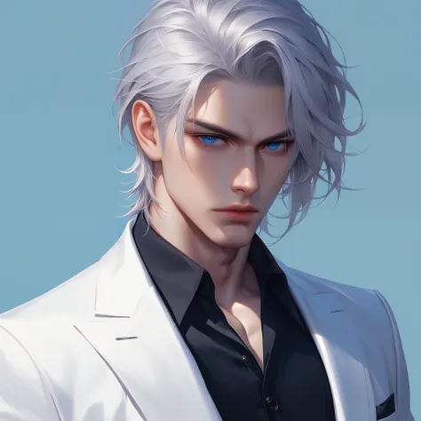 Boy, silver hair, dark blue eyes, serious sharp features, white skin, shiny lips, handsome, perfect looking, black shirt, formal jacket.