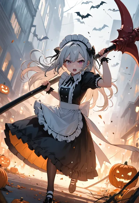 masterpiece, best quality, ultra-detailed, vivid colors, aggressive tone, Halloween-themed. A gothic maid lunges forward with both hands gripping a massive candy-shaped scythe, swinging it high above her head with terrifying speed. Her frilly black and whi...