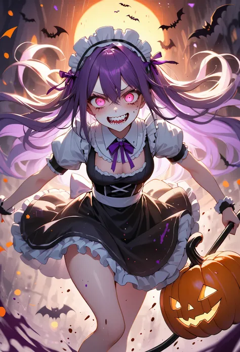 masterpiece, best quality, ultra-detailed, vivid colors, Halloween-themed, aggressive tone. A crazed, manic maid dressed in a twisted Halloween version of a classic maid uniform, lunges forward with violent intensity. Her face is contorted into a terrifyin...