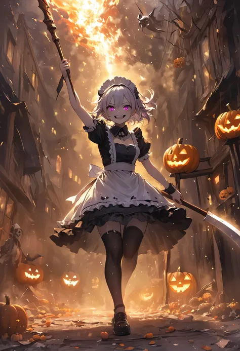 masterpiece, best quality, ultra-detailed, vivid colors, aggressive tone, halloween-themed. a crazed maid in a gothic-style blac...