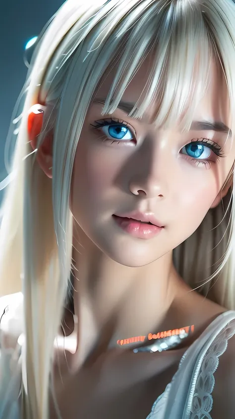 RAW Photos、((( Extreme Beauty Portrait )))、((Beautiful white skin ))、 1 girl、Baby Face、Pretty Beautiful Girl 、(( Shiny Bright Platinum Blonde Hair ))、Cute clothes、 Hair Hanging on Her Face 、[ Attractive Whitish Light Blue Eyes ]、 Super Long Straight Silky ...