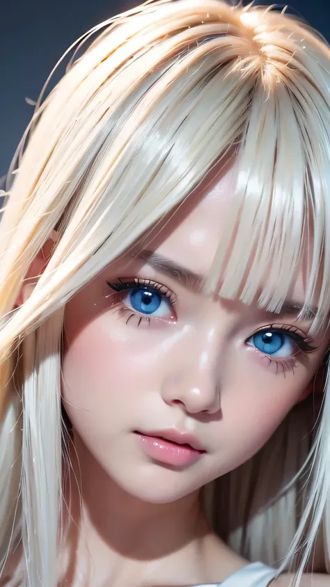 RAW Photos、((( Extreme Beauty Portrait )))、((Beautiful white skin ))、 1 girl、Baby Face、Pretty Beautiful Girl 、(( Shiny Bright Platinum Blonde Hair ))、Cute clothes、 Hair Hanging on Her Face 、[ Attractive Whitish Light Blue Eyes ]、 Super Long Straight Silky ...