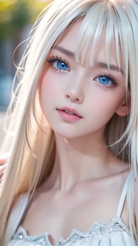 RAW Photos、((( Extreme Beauty Portrait )))、((Beautiful white skin ))、 1 girl、Baby Face、Pretty Beautiful Girl 、(( Shiny Bright Platinum Blonde Hair ))、Cute clothes、 Hair Hanging on Her Face 、[ Attractive Whitish Light Blue Eyes ]、 Super Long Straight Silky ...