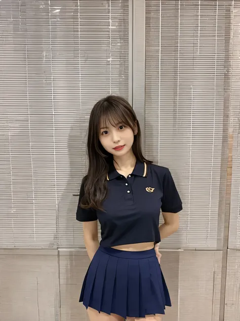 japanese girl、girl in her 20s、perfect body shape、Transparency、big breasts、polo shirt、navy blue skirt、fiery idol pose、Japanese gravure idol、sensual look、shiny thighs