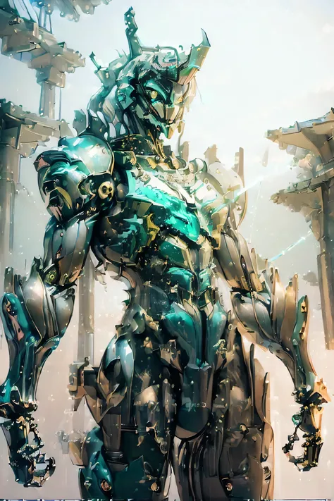 ((Fusion of Machine Wolf and Machine Horse: 1.5, dynamic pose: 2.0)), (metallic: 2.0, light-yellow and light-green suit: 1.5), (Japanese hero), (mech bodysuit with swords: 1.5), ((Night view)), ((Countless sparks: 1.5, Laser: 1.5)), My eyes are shining bri...