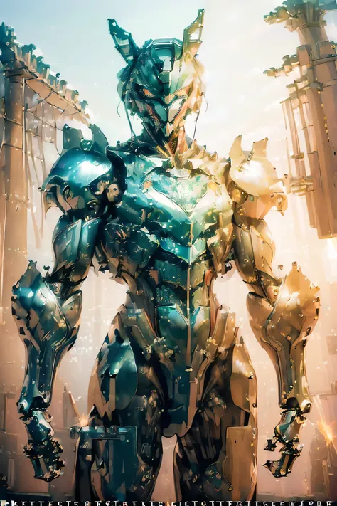 ((Fusion of Machine Wolf and Machine Horse: 1.5, dynamic pose: 2.0)), (metallic: 2.0, light-yellow and light-green suit: 1.5), (Japanese hero), (mech bodysuit with swords: 1.5), ((Night view)), ((Countless sparks: 1.5, Laser: 1.5)), My eyes are shining bri...