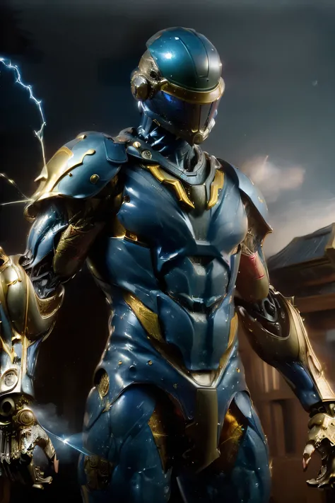 (( Full Face Helmet : 1.5, dynamic pose: 2.0)), (metallic: 2.0, blue and red suit: 1.5), (Japanese hero), (mech bodysuit with swords: 1.5), ((Night view)), ((Lightning that runs through the air : 1.5, Laser: 1.5)), My eyes are shining brightly, Suit parts ...