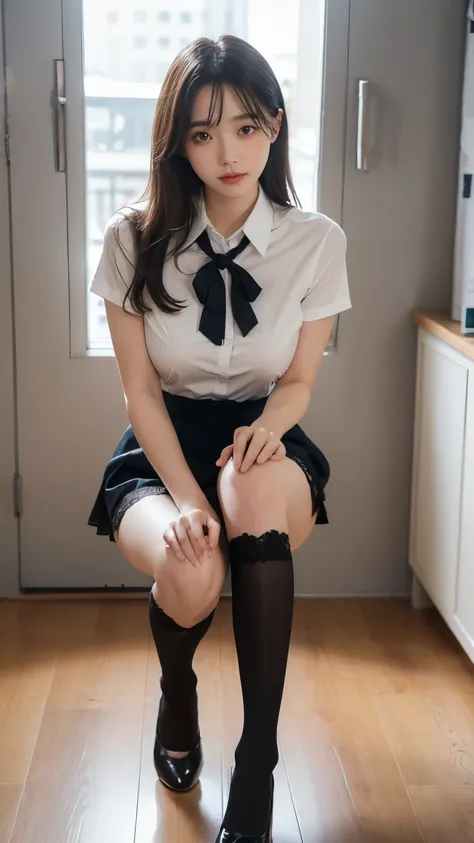 No face,Film texture,Natural Light, Delicate details ,Beautiful face,Model photo shoot, beautiful detailed eyes,Very slender eyes, Beautiful eyelashes , Beautiful double eyelids , best quality,School Uniform,Big breasts,office skirt,Inside the office bui...