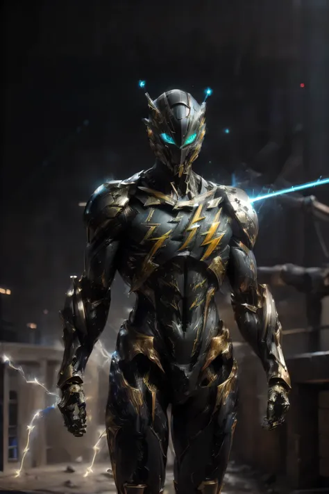 ((dynamic pose: 2.0)), (metallic: 2.0, black suit: 1.5), (Japanese hero), (mech bodysuit with swords: 1.5), ((Night view)), ((Numerous lightning bolts running through the air : 1.8, Laser: 1.5)), My eyes are shining brightly, Suit parts are large , (( suit...