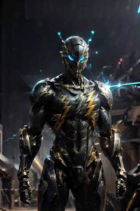 ((dynamic pose: 2.0)), (metallic: 2.0, black suit: 1.5), (Japanese hero), (mech bodysuit with swords: 1.5), ((Night view)), ((Numerous lightning bolts running through the air : 1.8, Laser: 1.5)), My eyes are shining brightly, Suit parts are large , (( suit...