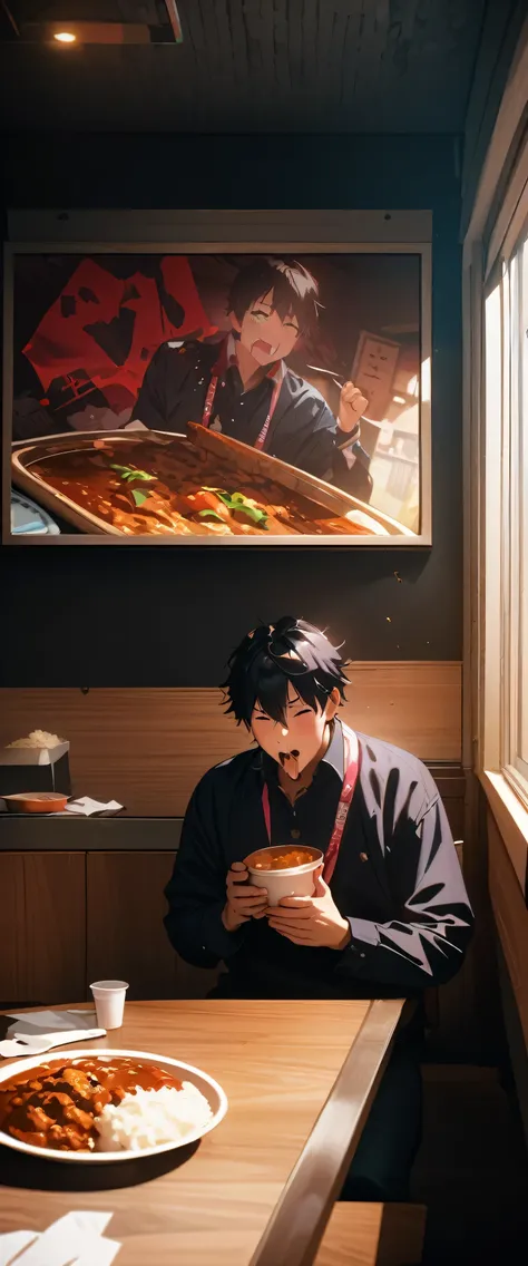 masterpiece,Please redeem,Ultra-high resolution,rich contrast,Very high quality,8k,Highly detailed CG unit wallpaper,Texture,So ridiculous,RAW Photos,Highest quality anime,Depth of written boundary 1.2,Boy eating super spicy curry while crying bitterly,Curry Shop 