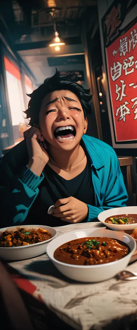 masterpiece,Please redeem,Ultra-high resolution,rich contrast,Very high quality,8k,Highly detailed CG unit wallpaper,Texture,So ridiculous,RAW Photos,Highest quality anime,Depth of written boundary 1.2,Male customers eating super spicy curry while crying bitterly,Curry Shop 