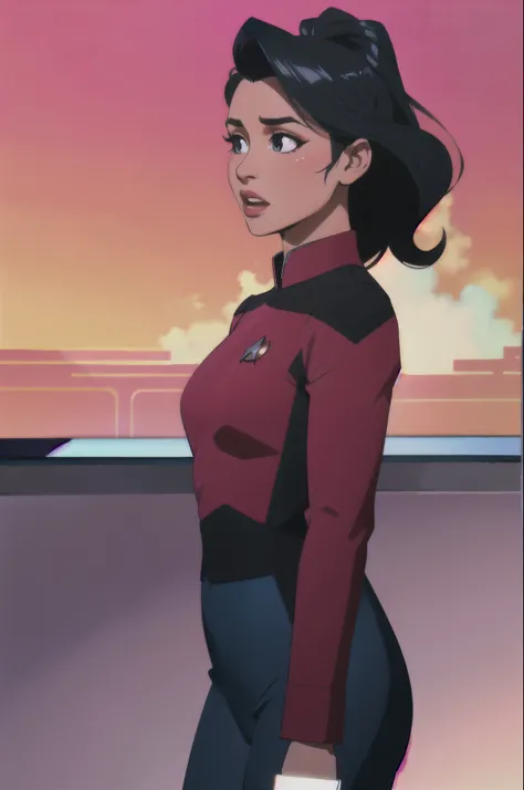 woman in red and (black:1.1) s3stngunf uniform