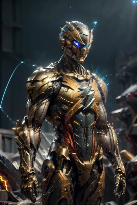 ((jump, dynamic pose: 1.6)), (metallic: 2.0, bloody suit: 1.5), (Japanese hero), (mech bodysuit with swords: 1.5), ((Night view)), ((Numerous lightning bolts running through the air : 1.8, Laser: 1.5)), My eyes are shining brightly, Suit parts are large , ...