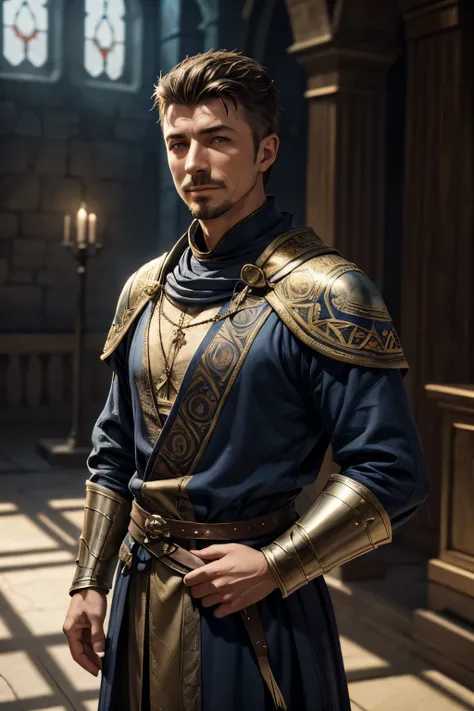 Petyr Baelish, Scar on the left cheek, blue medieval clothes with gold embroidery, mysterious smile, scandinavian, atmospheric scenery of the Game of Throne, masterfully rendered in high-resolution, 8K quality, with ultra-realistic, photorealistic shading ...