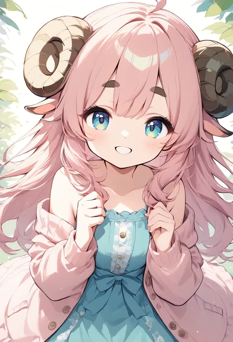  Light lines and soft colors create a dreamy effect.,  pink haired sheep girl、 thick eyebrows、Super smile、piece、 looking at the camera 、Fluffy sheep 、cute