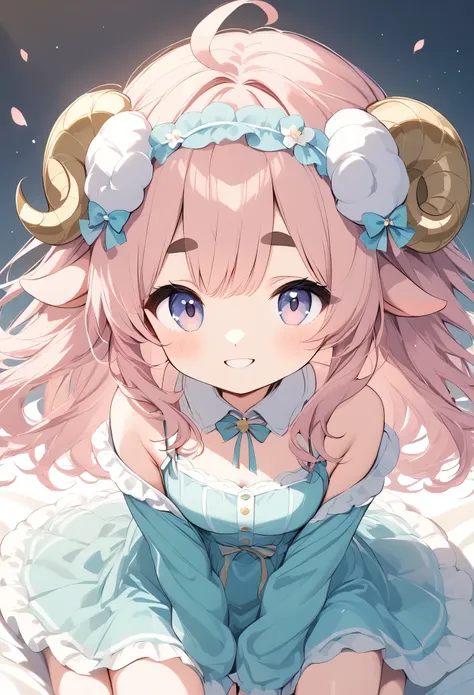 light lines and soft colors create a dreamy effect.,  pink haired sheep girl、 thick eyebrows、super smile、wariza、fluffy sheep 、cu...