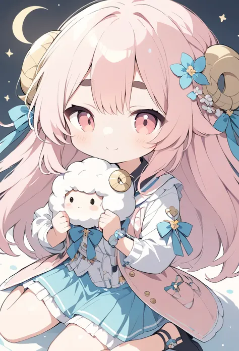 light lines and soft colors create a dreamy effect.,  pink haired sheep girl、 thick eyebrows、super smile、wariza、fluffy sheep 、cu...