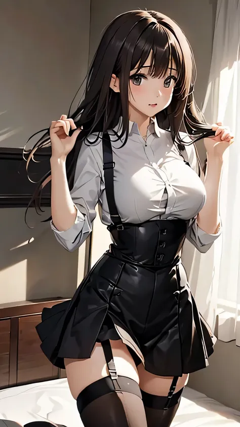 brown hair、watching at viewers　　　black suspenders　　　bulging big breasts　　 　 　　　walls: 　black miniskirt　garters　　　　　　gaze　　　small...