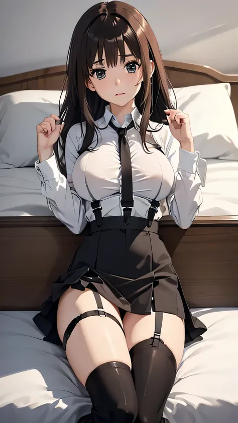 Brown hair、watching at viewers　　　black suspenders　　　Bulging big breasts　　 　 　　　walls: 　Black miniskirt　garters　　　　　　gaze　　　Small face　bangss 　　　holster　　　Beautuful Women　　hands up　　 leg holster lie on the bed　　gaze 　black boots panty shot　provocation　flank...