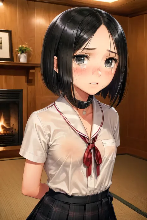 (masterpiece, Best Quality, 8K,Raw photo, High resolution:1.5), (1 girl, looking at viewer, upper body:1.8), (seiza on the floor, arms behind back, a girl is crying:1.8), (crying, sobbing, tearing, tearful, full-face blush, embarrassed, shyness:1.9), (nigh...