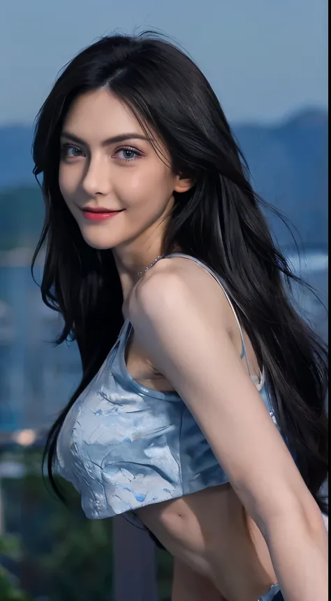 8K, Top Quality, Intricate Details, Ultra Detail, Ultra High Resolution, Masterpiece, random angle, Slender, Smile, (Makeup: 0.4), (Fluffy Blue Eyes: 1.21), blue Eyes, looking back, ((full body)), 1girl, solo, 1 girl, (( full body)), close up shot, , ((ta...