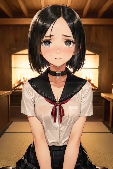(masterpiece, Best Quality, 8K,Raw photo, High resolution:1.5), (1 girl, looking at viewer, upper body:1.8), (seiza on the floor, arms behind back, a girl is crying:1.8), (crying, sobbing, tearing, tearful, full-face blush, embarrassed, shyness:1.9), (nigh...