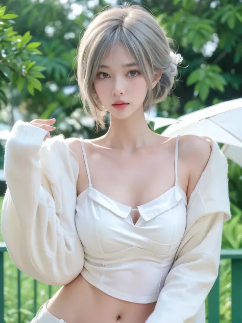 Beautiful woman with perfect figure:1.4,snow,snow background,Layered Hairstyle,White skin,Prominent cleavage,Pleated Skirt,whole body,Very delicate face and skin texture,Double eyelids,Skin Whitening,Long white hair