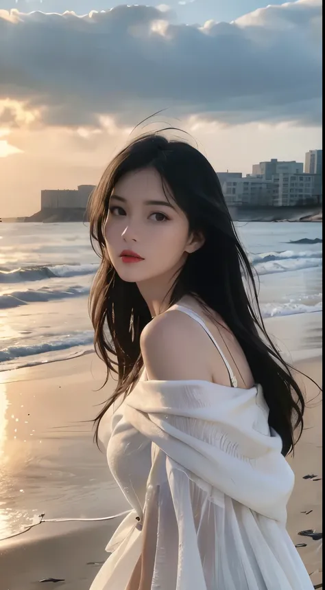 facing at camera，face to the viewer，standing on your feet，High picture quality，Works of masters，Daughter，Black hair，Long hair shawl，Long hair flowing over the shoulders，cropped shoulders，clavicle，exquisite face，Hydrated red lips，white off shoulder dress cl...
