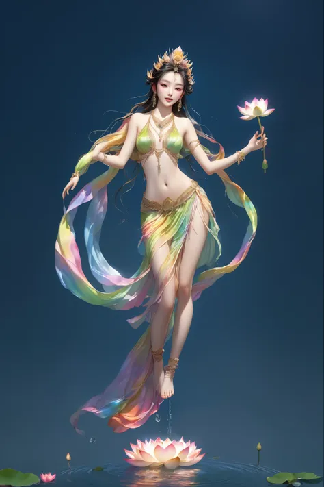 (((beautiful goddess)))，standing barefoot on a large lotus in the water，（（（ the skin is green））），handprints，crown，necklace，yingl...