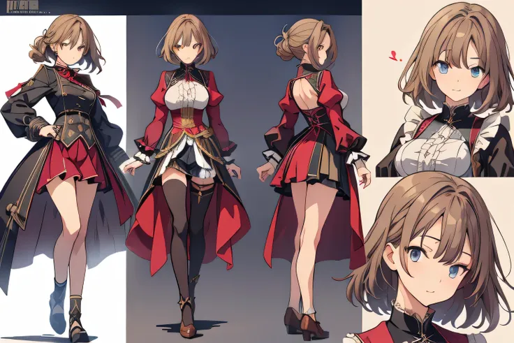 anime woman detailed victorian military dress, oversize, character design sheet, high reels, different poses, different angles