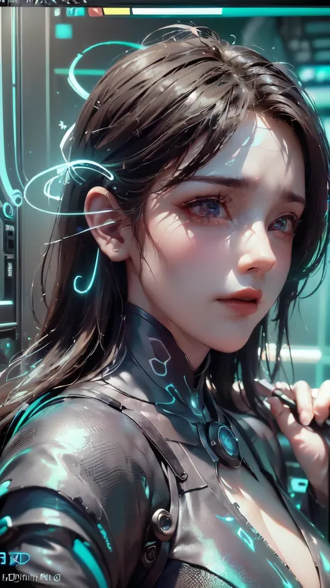 ((best quality)), ((masterpiece)), (detailed:1.4), 3d, a beautiful cyberpunk female figure with thick hair, indoors, looking at ...