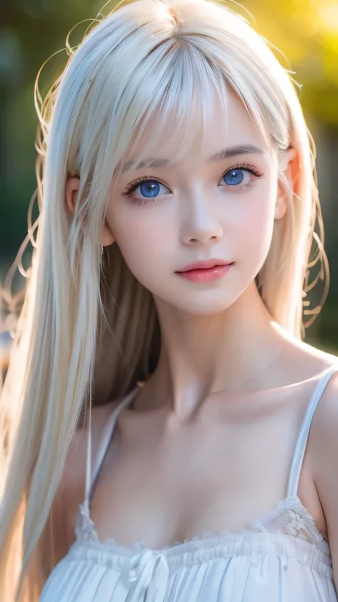 RAW Photos、((( Extreme Beauty Portrait )))、((Beautiful white skin ))、 1 girl、Baby Face、Pretty Beautiful Girl 、(( Shiny Bright Platinum Blonde Hair ))、Cute clothes、 Hair Hanging on Her Face 、[charming whitish extremely bright light blue eyes]、 Super Long St...